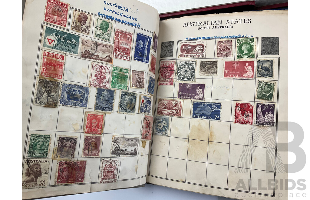 Six Albums of International Stamps Including Australian and New Zealand Predecimal, Romania, Egypt, United Kingdom, Spain and More