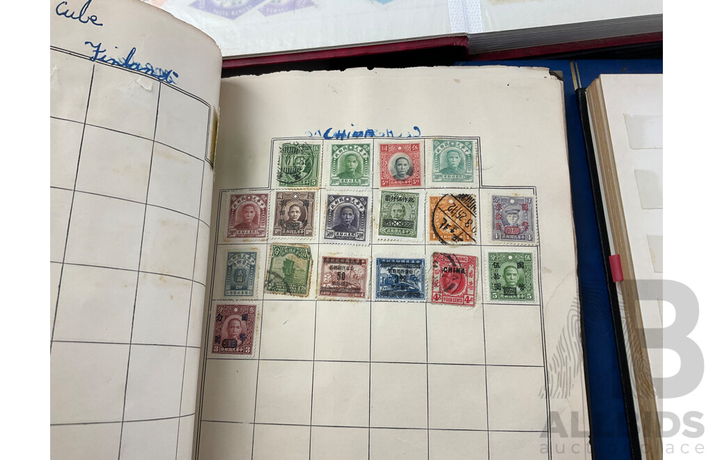 Six Albums of International Stamps Including Australian and New Zealand Predecimal, Romania, Egypt, United Kingdom, Spain and More