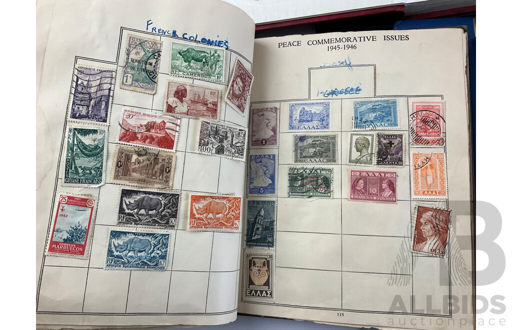 Six Albums of International Stamps Including Australian and New Zealand Predecimal, Romania, Egypt, United Kingdom, Spain and More