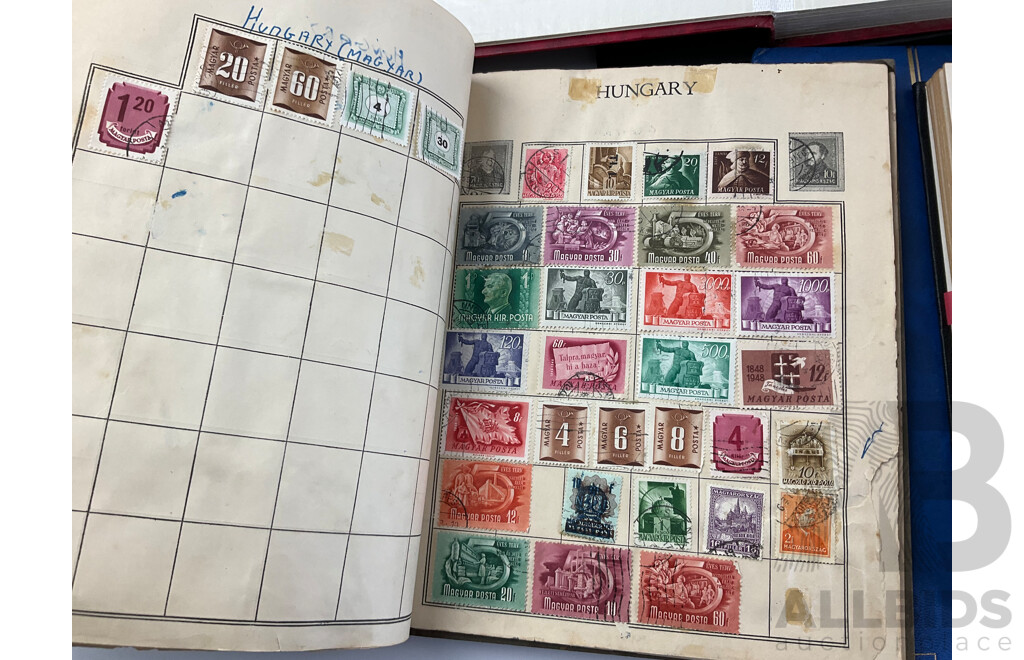 Six Albums of International Stamps Including Australian and New Zealand Predecimal, Romania, Egypt, United Kingdom, Spain and More