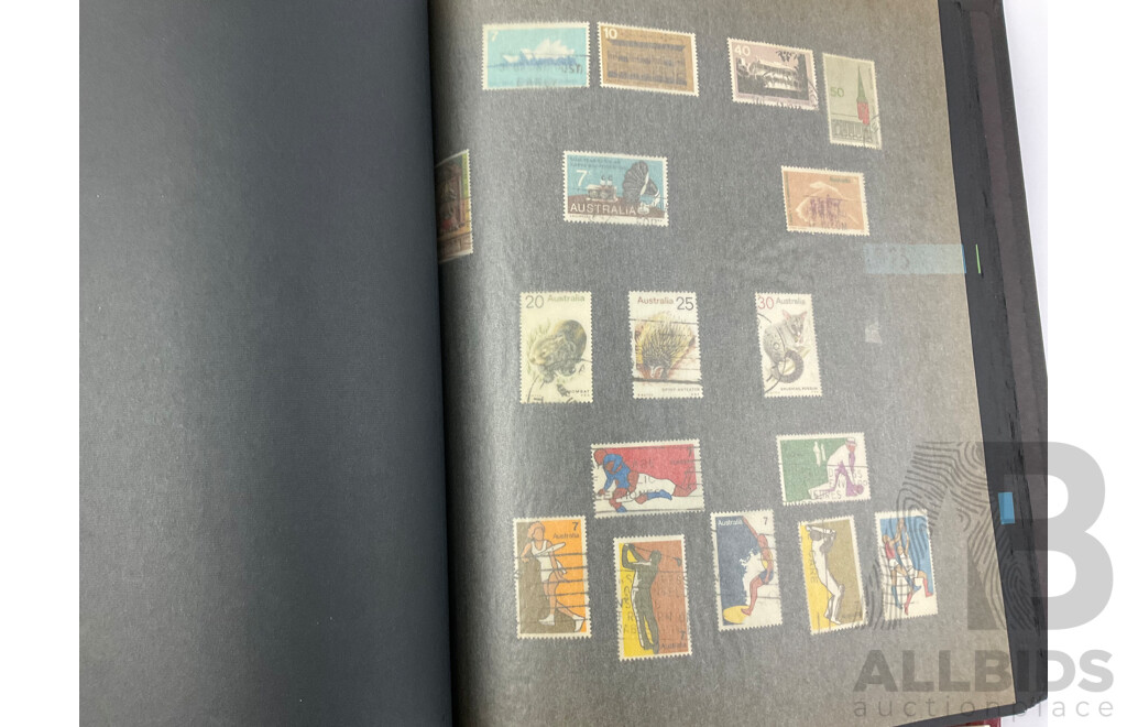 Six Albums of International Stamps Including Australian and New Zealand Predecimal, Romania, Egypt, United Kingdom, Spain and More