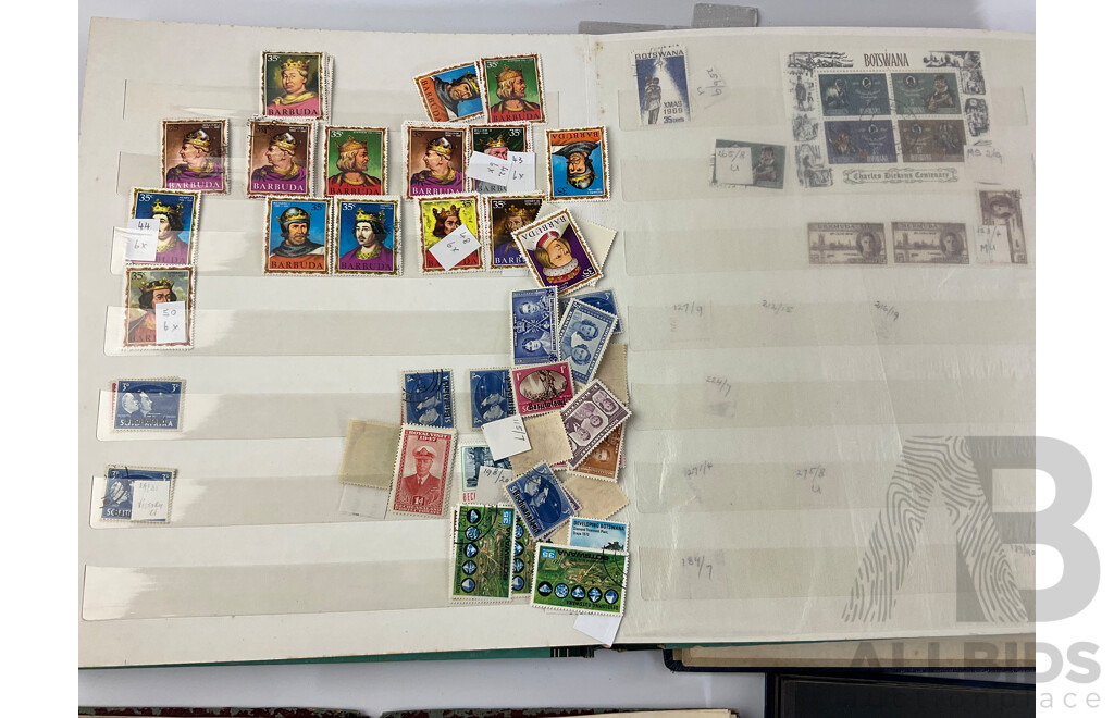 Four Albums of Antique and Vintage Stamps Including Fiji/Samoa Predecimal, USA, UK, Australia, Sierra Leone, Brunei, Suid Afrika/Basutoland Over Prints and More