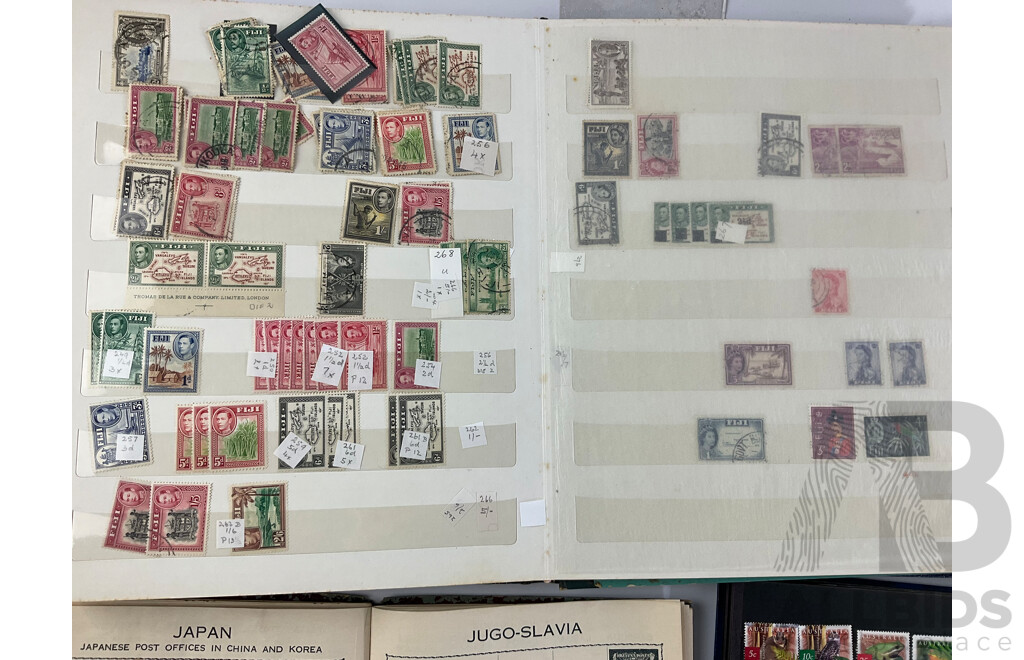 Four Albums of Antique and Vintage Stamps Including Fiji/Samoa Predecimal, USA, UK, Australia, Sierra Leone, Brunei, Suid Afrika/Basutoland Over Prints and More