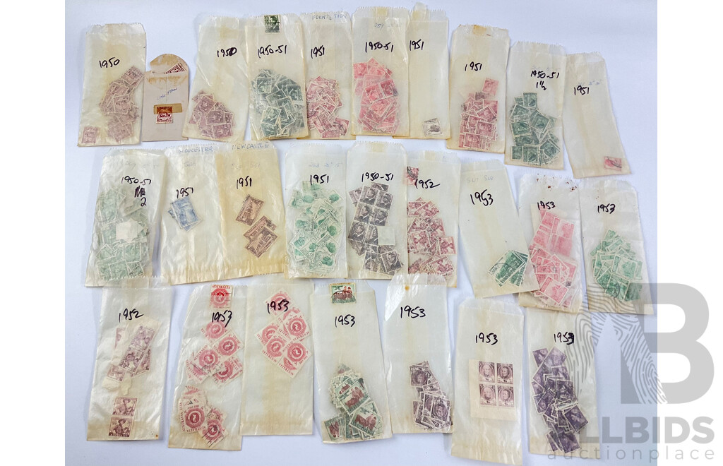 Australian 1950 to 1953 Mint and Cancelled Stamps Including NSW 100 Years First Stamp, KGVI, Foundation of the Commonwealth, QE2, Tasmania 150 Years and More, Many Multiples