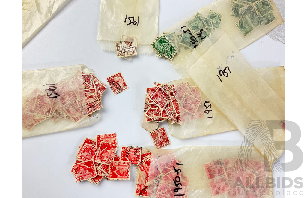 Australian 1950 to 1953 Mint and Cancelled Stamps Including NSW 100 Years First Stamp, KGVI, Foundation of the Commonwealth, QE2, Tasmania 150 Years and More, Many Multiples