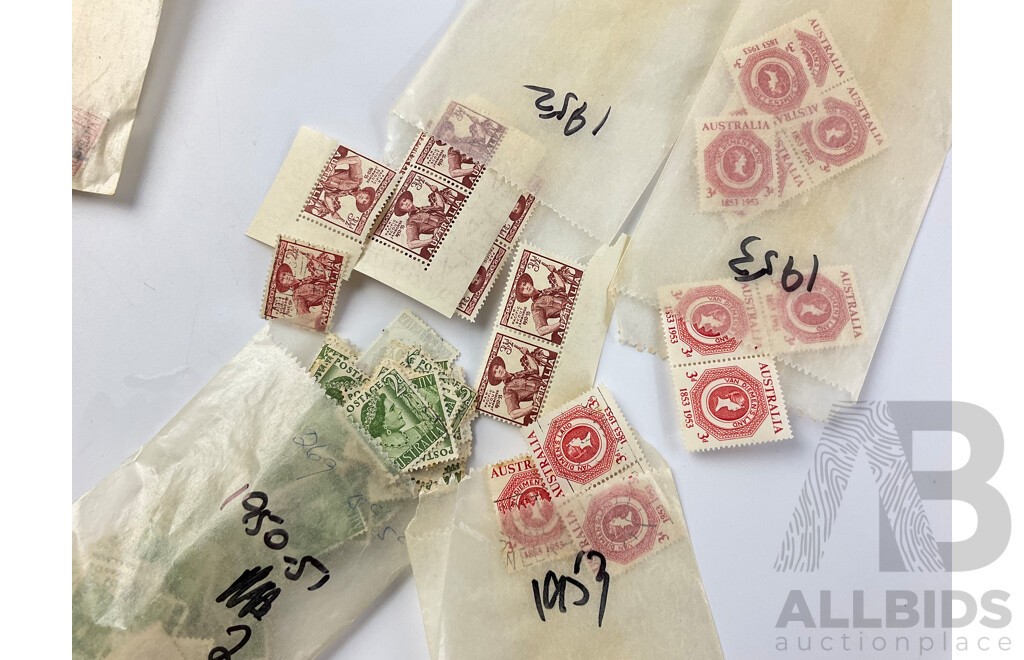 Australian 1950 to 1953 Mint and Cancelled Stamps Including NSW 100 Years First Stamp, KGVI, Foundation of the Commonwealth, QE2, Tasmania 150 Years and More, Many Multiples