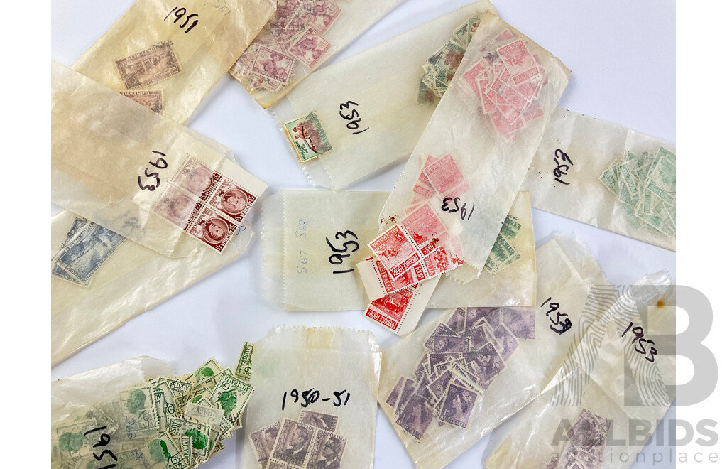 Australian 1950 to 1953 Mint and Cancelled Stamps Including NSW 100 Years First Stamp, KGVI, Foundation of the Commonwealth, QE2, Tasmania 150 Years and More, Many Multiples