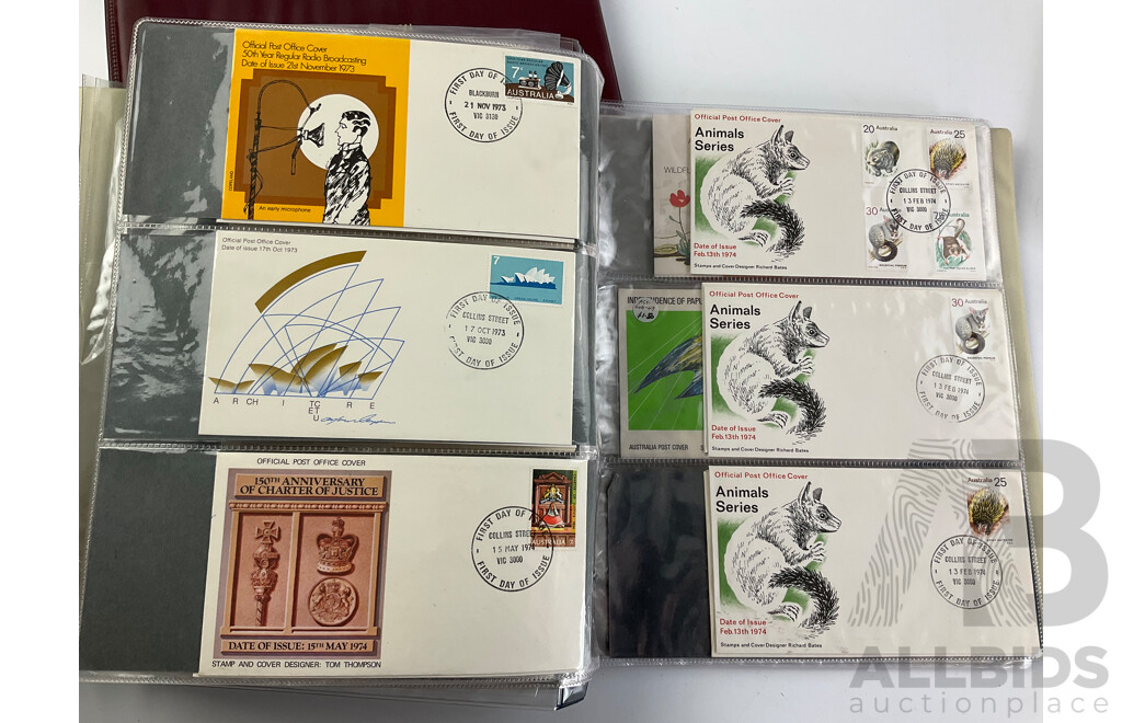 Australian  First Day Covers Including Formula One 1989/90 with Official Folder, Perth Cup-Pex 1987, Album Examples Spanning 1969 to 1974, Some New Zealand