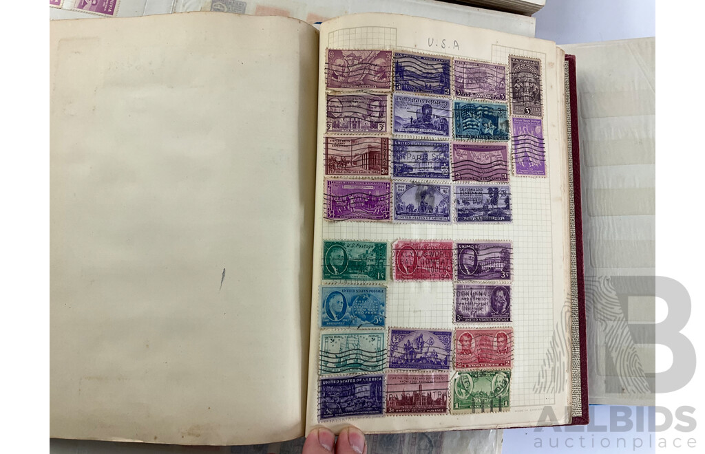 Four Albums of Antique and Vintage Stamps Including Australian States, Egypt, UK, Italy Denmark, Philippines, Japan, Canada, Kings and Queens of England and More