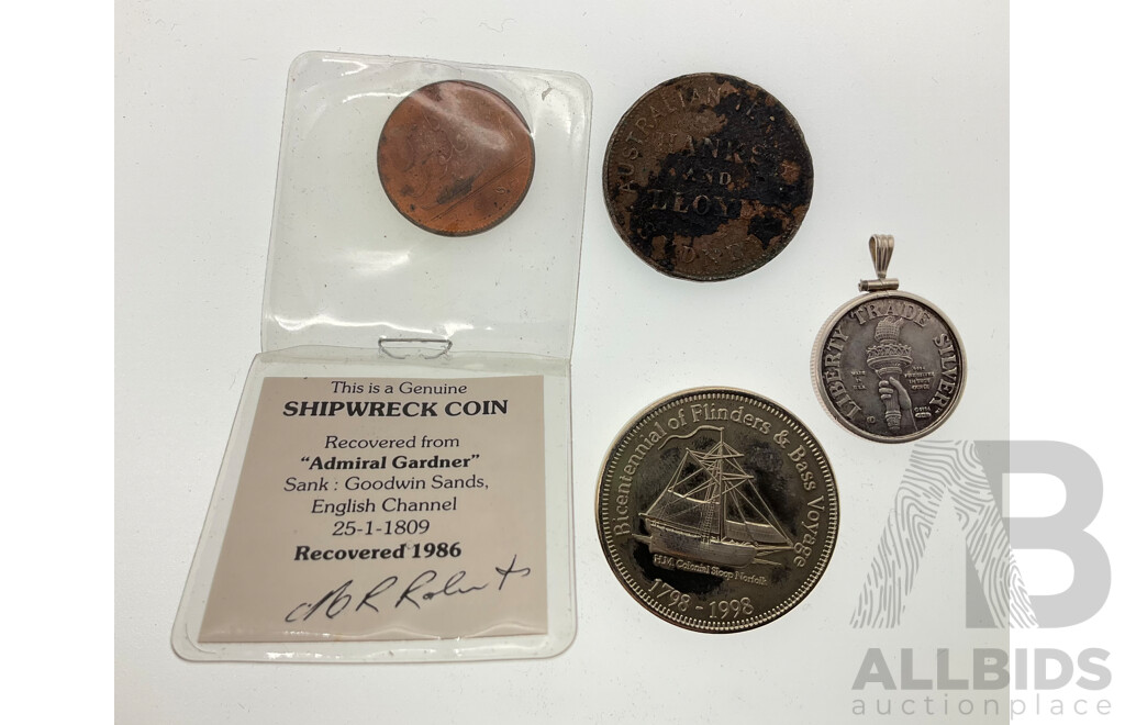 Collection of Collectible Coins Including Australian 1857 Hanks and Lloyd Tea Makers Token, 1998 Bicentennial of Flinders and Bass Voyage, 1808 East India Company Ship Wreck Coin, USA 1986 Trade Silver Pendant