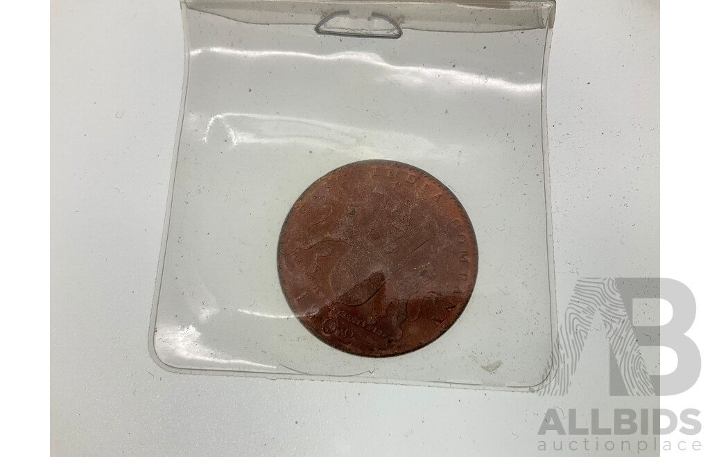 Collection of Collectible Coins Including Australian 1857 Hanks and Lloyd Tea Makers Token, 1998 Bicentennial of Flinders and Bass Voyage, 1808 East India Company Ship Wreck Coin, USA 1986 Trade Silver Pendant