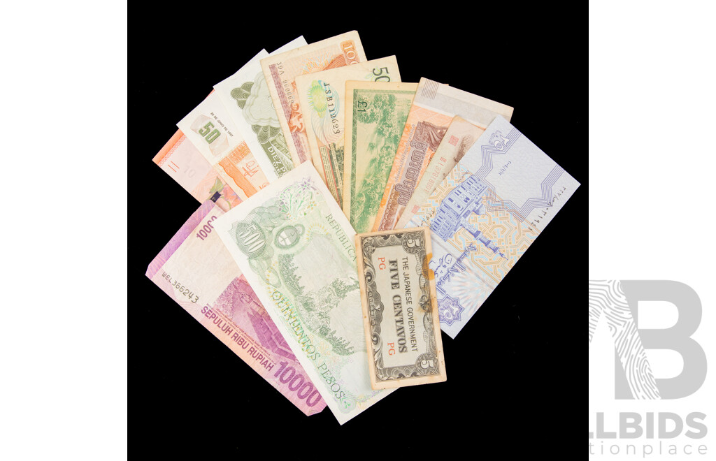 Collection of International Banknotes Including Malaysia, Peru, Bolivia, Greece, Indonesia, Scotland, Cambodia, China, Egypt, Argentina, Japan