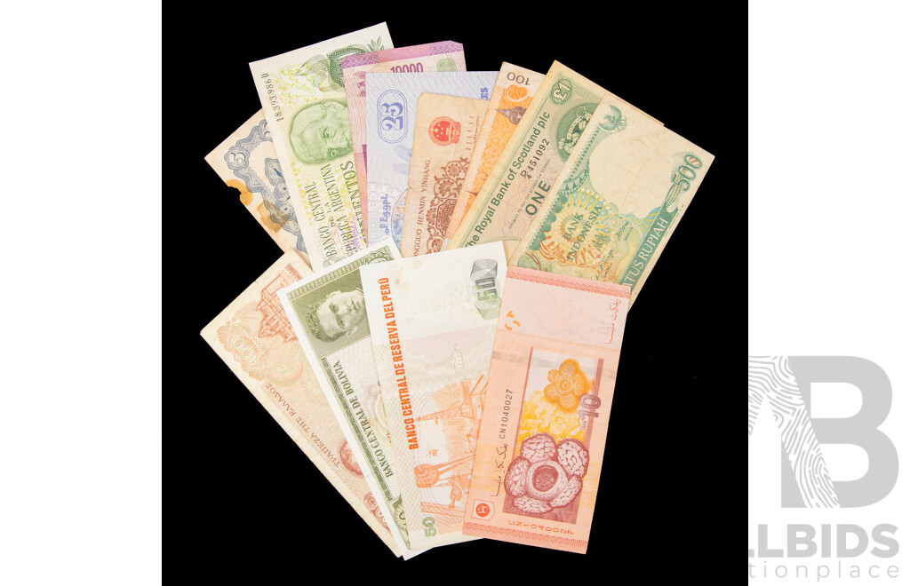 Collection of International Banknotes Including Malaysia, Peru, Bolivia, Greece, Indonesia, Scotland, Cambodia, China, Egypt, Argentina, Japan