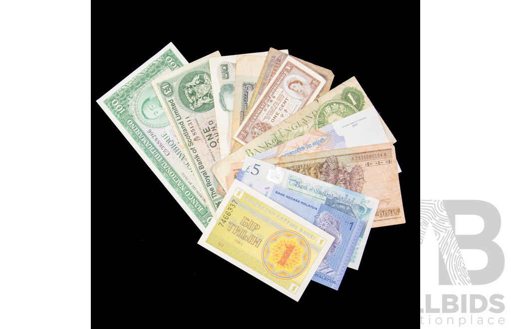 Collection of International Banknotes Including England, Brazil, Cambodia, Hong Kong, Indonesia, USSR, Thailand, Scotland, Mozambique Kazakhstan, Malaysia,