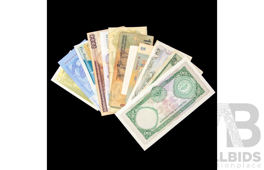 Collection of International Banknotes Including England, Brazil, Cambodia, Hong Kong, Indonesia, USSR, Thailand, Scotland, Mozambique Kazakhstan, Malaysia,