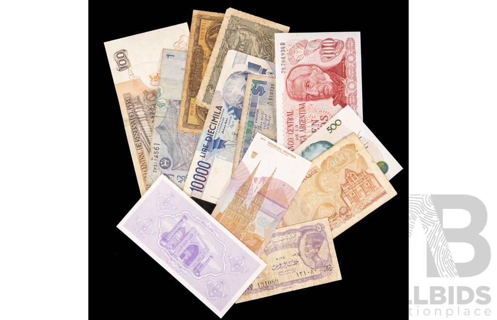 Twelve Vintage International Banknotes Including Singapore, Argentina, Brazil, Croatia, Egypt, Greece, Italy, Peru, Malaysia