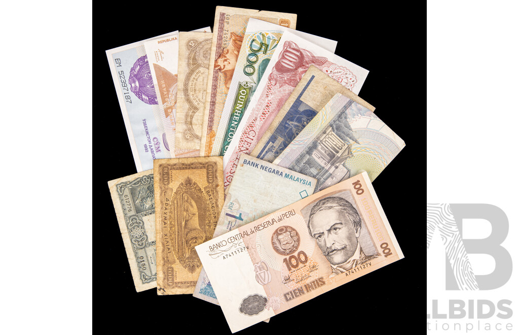 Twelve Vintage International Banknotes Including Singapore, Argentina, Brazil, Croatia, Egypt, Greece, Italy, Peru, Malaysia