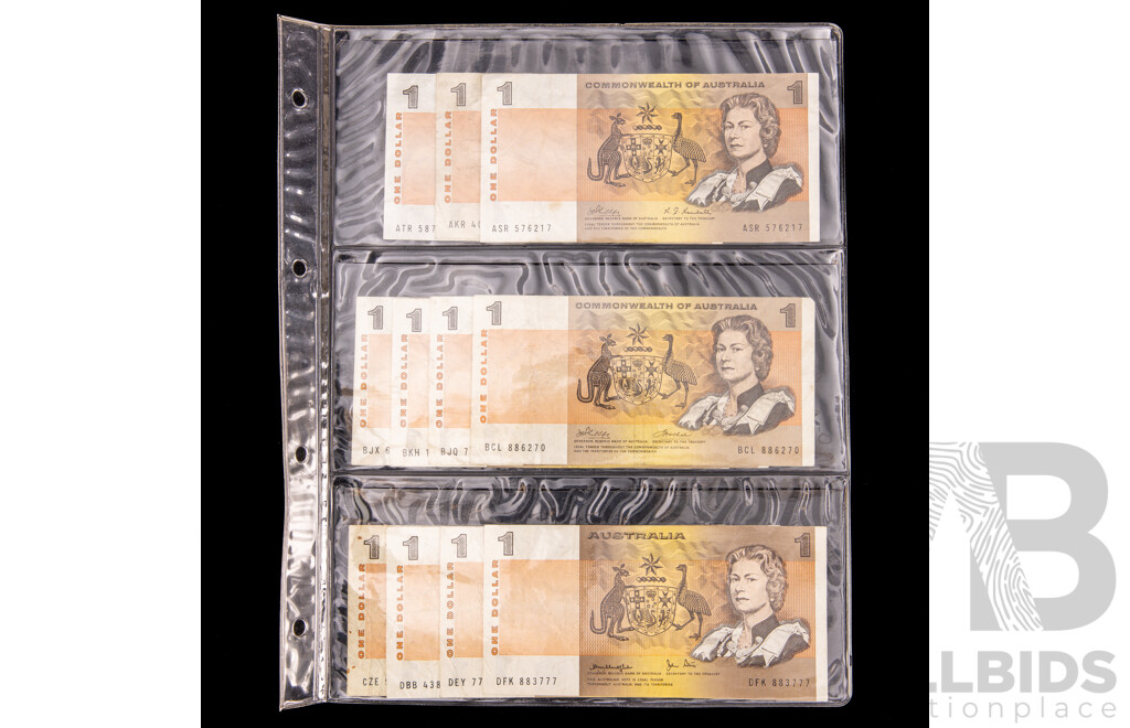Australian COA One Dollar Notes Including Three 1969 Phillips/Randall R73, Four 1972 Phillips/Wheeler R74, Four 1979 Knight/Stone  R77