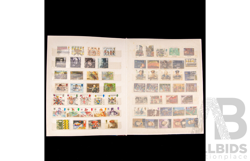 Album of Antique and Vintage United Kingdom Stamps, Examples Spanning 1860's QV Hand Cancel to 1980's, KGV, KGVI, QE2, Churchill, Charles and Diana, High Speed Train, Edinburgh Castle