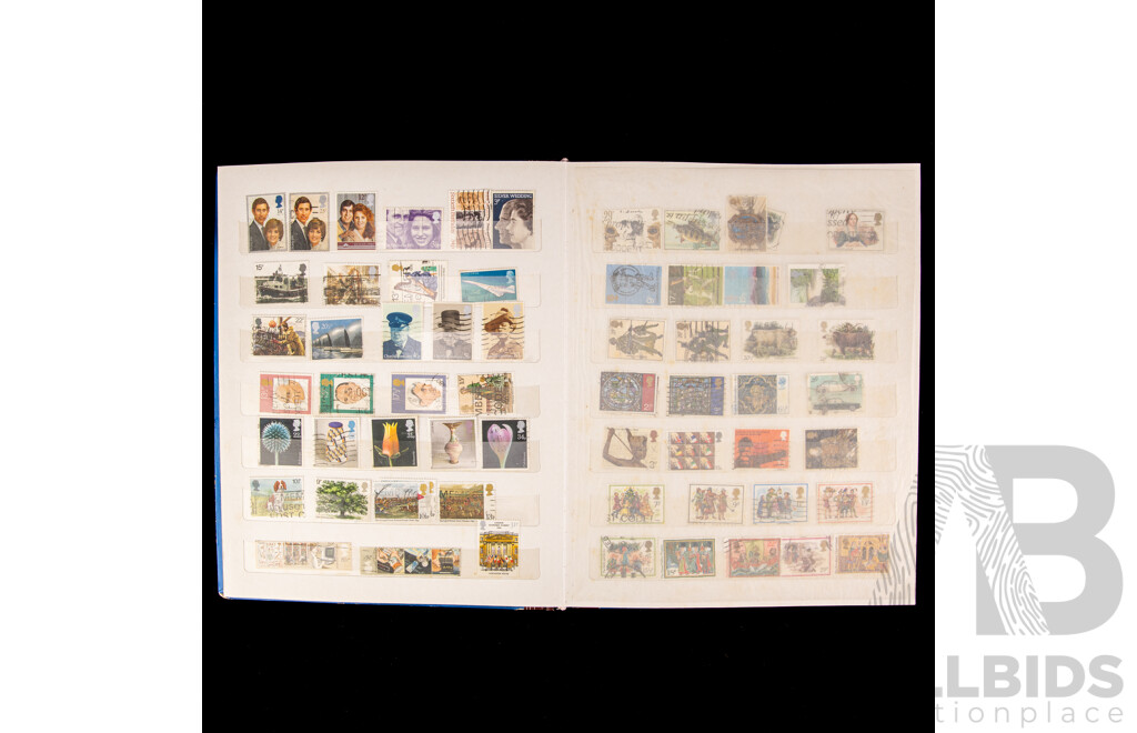 Album of Antique and Vintage United Kingdom Stamps, Examples Spanning 1860's QV Hand Cancel to 1980's, KGV, KGVI, QE2, Churchill, Charles and Diana, High Speed Train, Edinburgh Castle