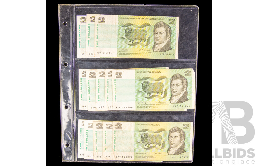 Thirteen Australian Two Dollar Notes, Three 1968 Phillips/Randall R83, Five 1976 Knight/Wheeler R86c, Five 1979 Knight/Stone R87