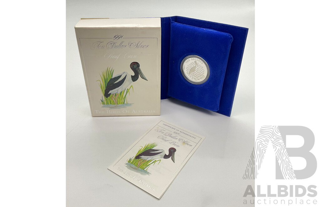 Australian RAM 1991 Silver Ten Dollar Coin, Birds of Australia, Jabiru .925