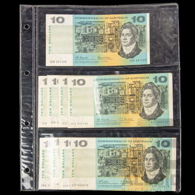 Nine Australian Ten Dollar Notes Including 1966 Coombs/Wilson R301, 1967 Coombs/Randall R302(4) Phillips/Randall R303(4)