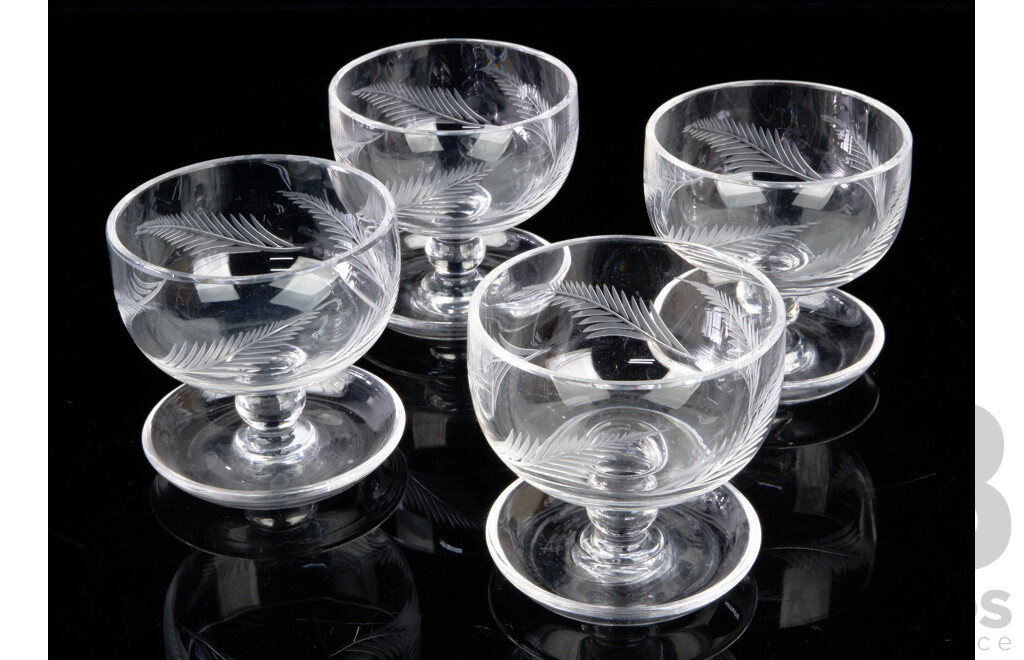 Set Four English Brierley Crystal Coupes with Engraved Wheat Sheaf Motif