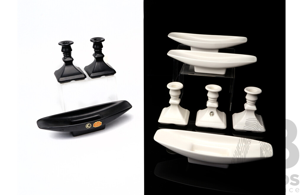 Collection Vintage Australian Dianna Black & White Wear Comprising Two Pairs Candle Holders & Four Trough Vases