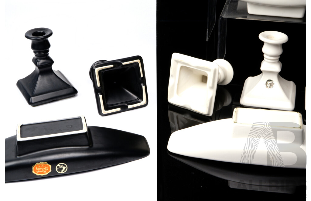 Collection Vintage Australian Dianna Black & White Wear Comprising Two Pairs Candle Holders & Four Trough Vases