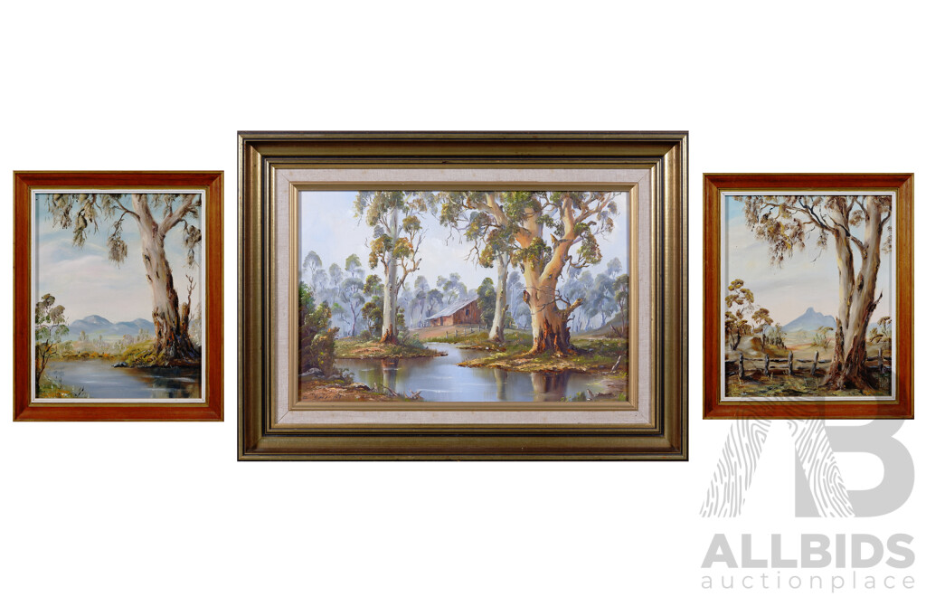 Ernst Sampt (20th Century, Austrian-Australian, 1931-), Morning Mist, Still River and Blue Mountain, Lovely Vintage Trio of Framed Oils on Canvases, 47 x 64 cm (larger Frame) (3)