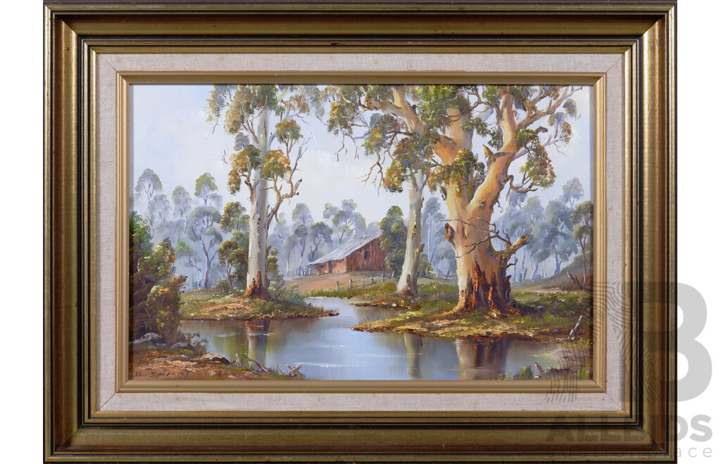 Ernst Sampt (20th Century, Austrian-Australian, 1931-), Morning Mist, Still River and Blue Mountain, Lovely Vintage Trio of Framed Oils on Canvases, 47 x 64 cm (larger Frame) (3)