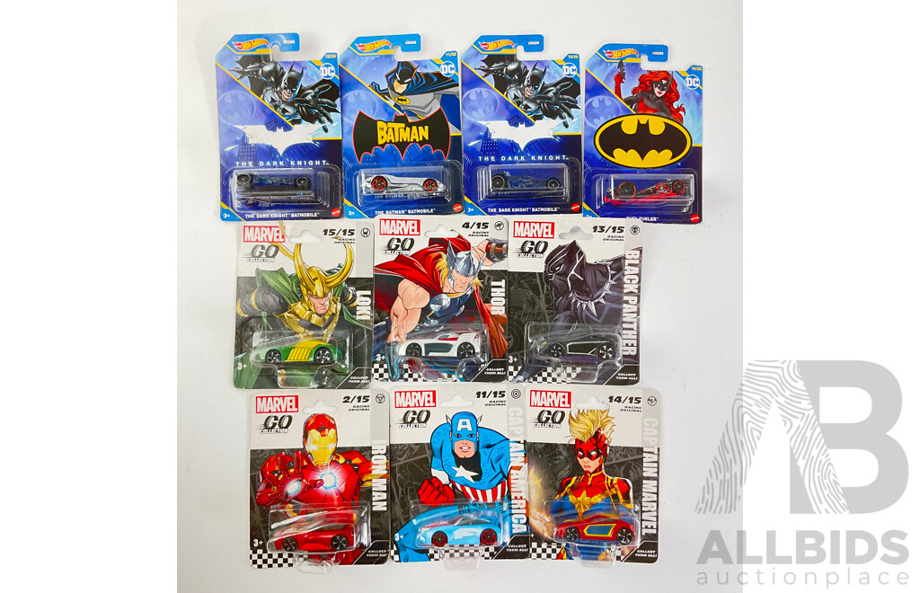 Diecast Hot Wheels Batman Vehicles with Marvel Go Collection Vehicles Including Batmobile and Iron Man