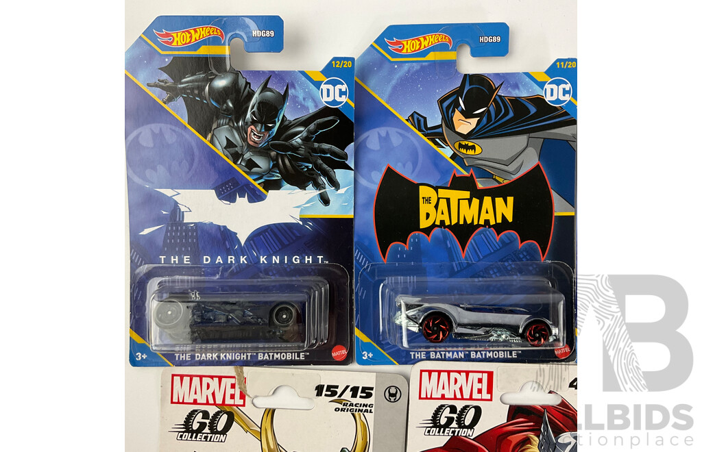 Diecast Hot Wheels Batman Vehicles with Marvel Go Collection Vehicles Including Batmobile and Iron Man