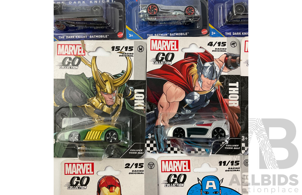 Diecast Hot Wheels Batman Vehicles with Marvel Go Collection Vehicles Including Batmobile and Iron Man