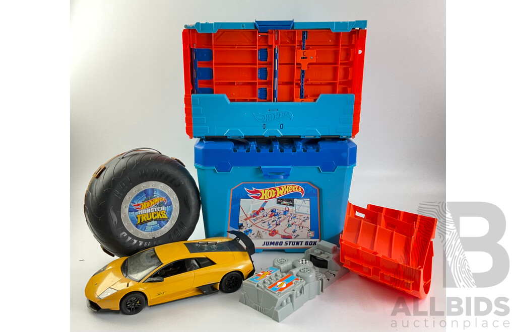 Hot Wheels Jumbo Stunt Box, Monster Trucks Carry Case and Lamborghini