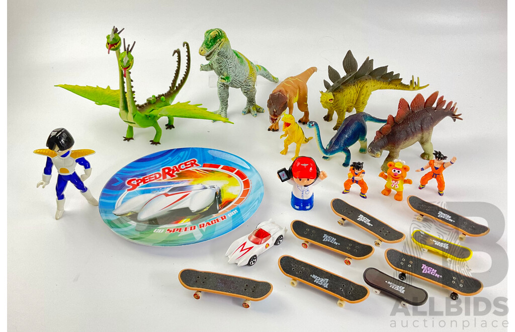 Collection of Display Dinosaurs, Speed Racer and Dragonball Z Characters with Tech Deck Skateboards