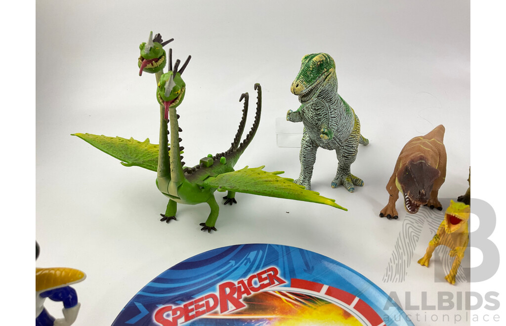 Collection of Display Dinosaurs, Speed Racer and Dragonball Z Characters with Tech Deck Skateboards