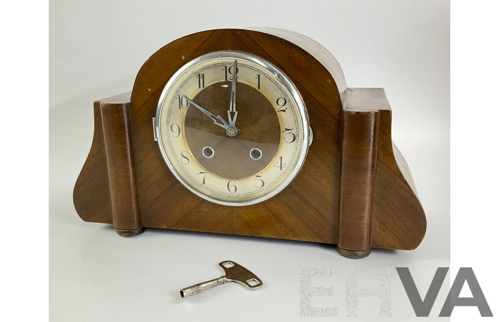 Vintage Walnut Art Deco Mantel Clock, 1938 Orchards Sydney Label to Inside, Made in Germany