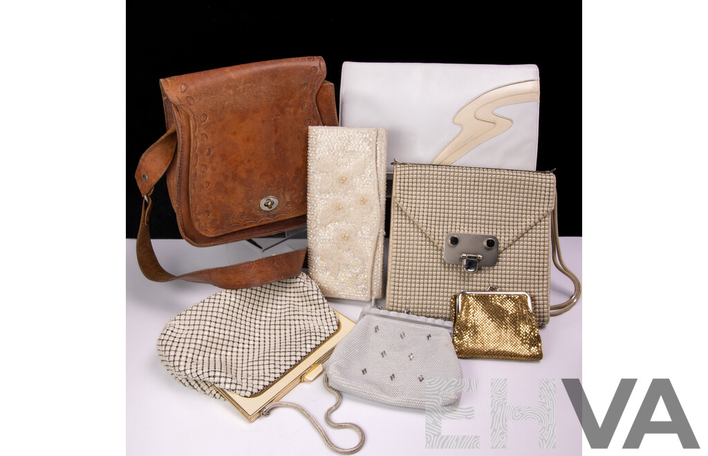 Collection Vintage Handbags Comprising Bambi White Leather, Cream Glomesh, Beige Glomesh Examples, Glomesh Gold Purse and More