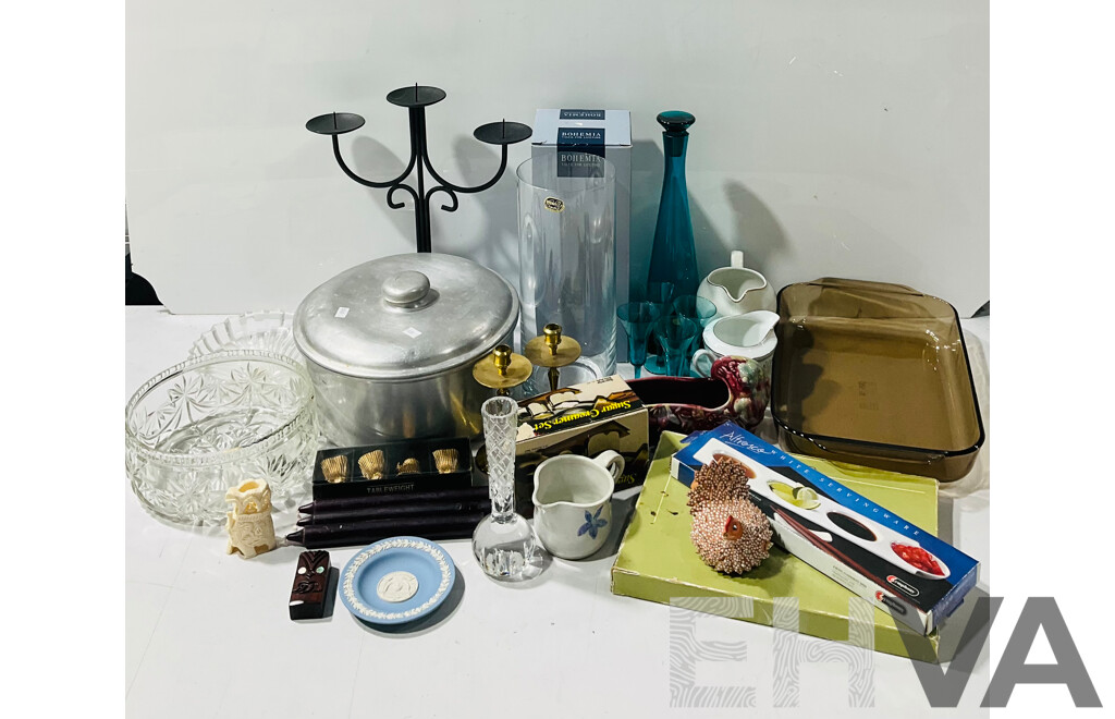 Collection Itesm Including Pyrex Baking Dish Villeroy & Boch Crystal Dish, Polish Made Blue Glass Decnater with Four Glasses, Carved Bone Elephant and More