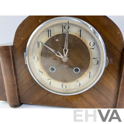 Vintage Walnut Art Deco Mantel Clock, 1938 Orchards Sydney Label to Inside, Made in Germany