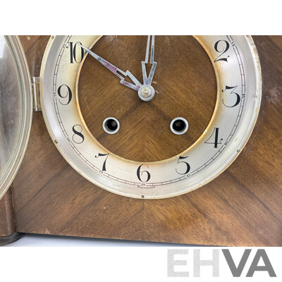 Vintage Walnut Art Deco Mantel Clock, 1938 Orchards Sydney Label to Inside, Made in Germany