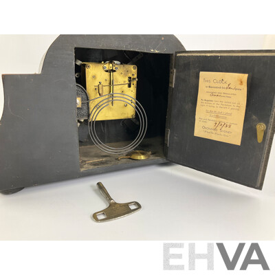 Vintage Walnut Art Deco Mantel Clock, 1938 Orchards Sydney Label to Inside, Made in Germany