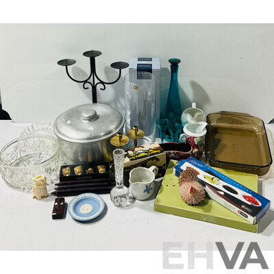 Collection Itesm Including Pyrex Baking Dish Villeroy & Boch Crystal Dish, Polish Made Blue Glass Decnater with Four Glasses, Carved Bone Elephant and More