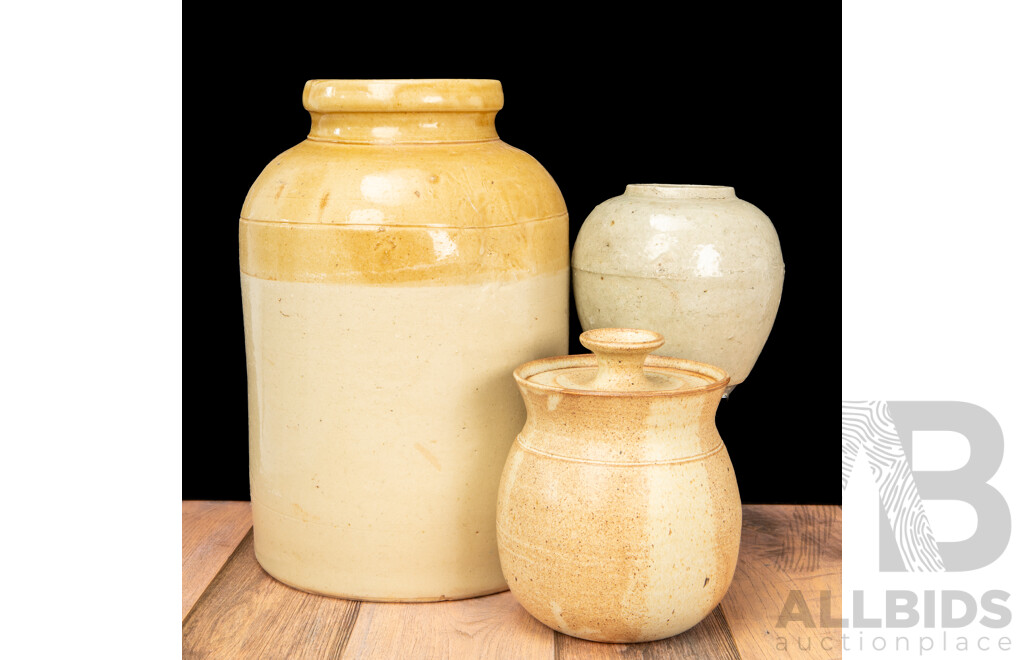 Salt Glazed Stoneware Bung Jar by Lambeth, London with Cannister and Vase
