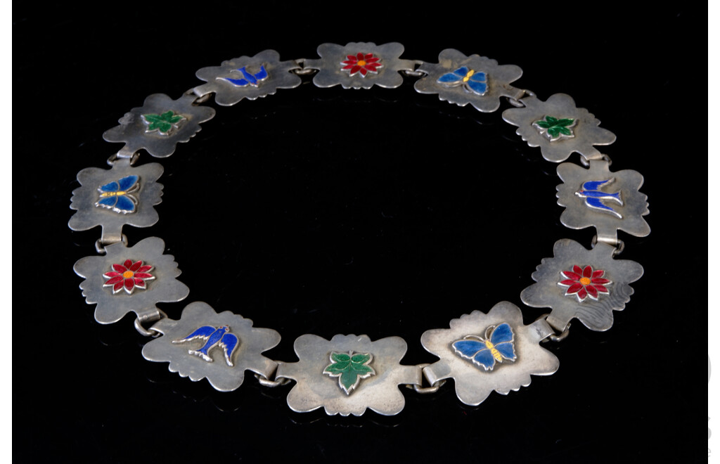 Vintage Sterling Silver Plated Belt with Enamel Flowers, Birds and Butterflies, 62cm Long, Hallmarked with Hook Clasp