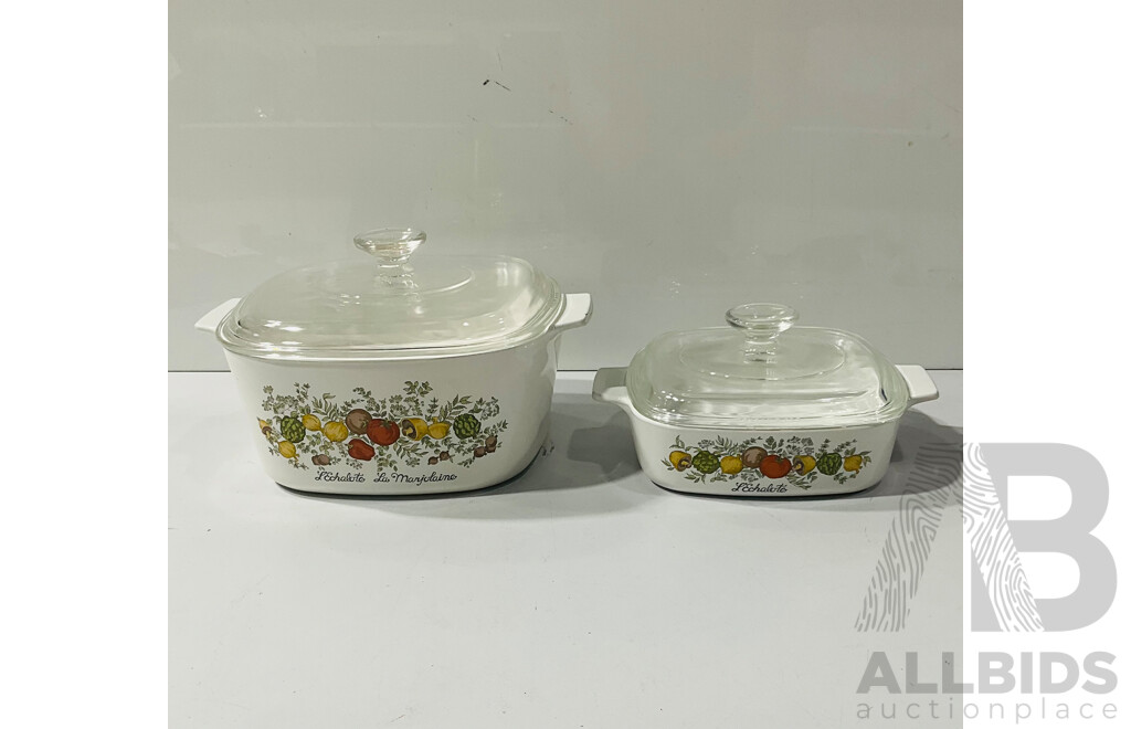 Two Retro Corning Ware Lidded Casserole Dishes in L Eshalote La Marjelaine Comprising 1 Litre & 3 Litre Examples