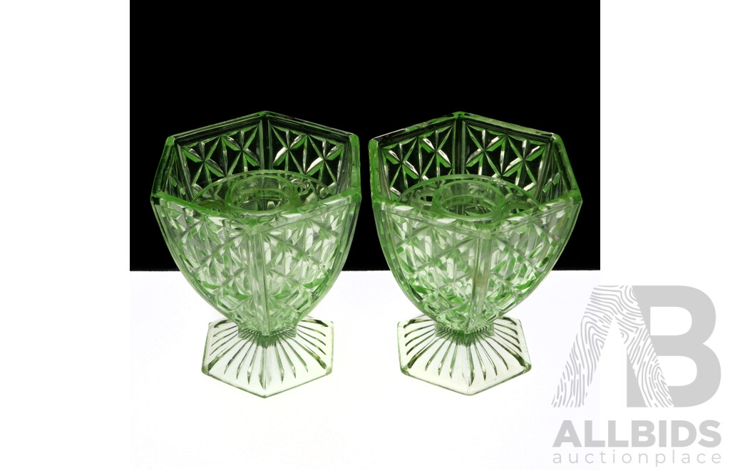 Pair Vintage Green Depression Glass Hexagonal Vases with Flower Frogs