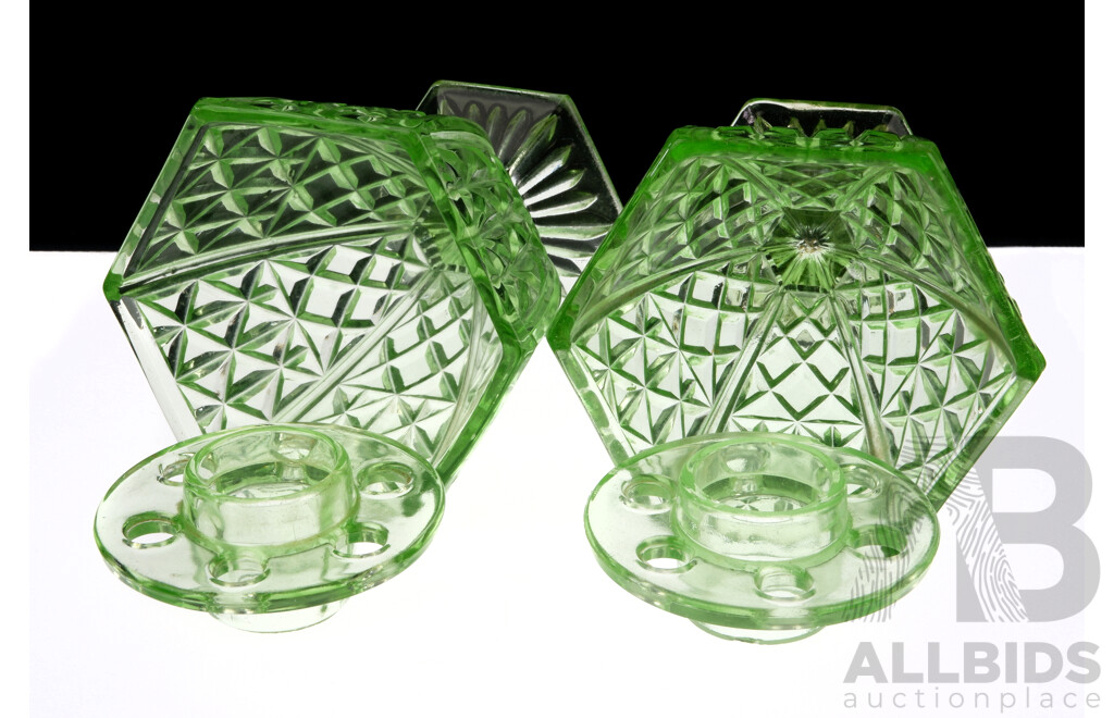 Pair Vintage Green Depression Glass Hexagonal Vases with Flower Frogs